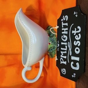 Blue Sky Christmas Gravy Boat Ivory Beaded Top Holly Green Red Bottom
